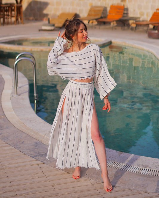 Black Striped Side Slit Cotton Maxi Skirt